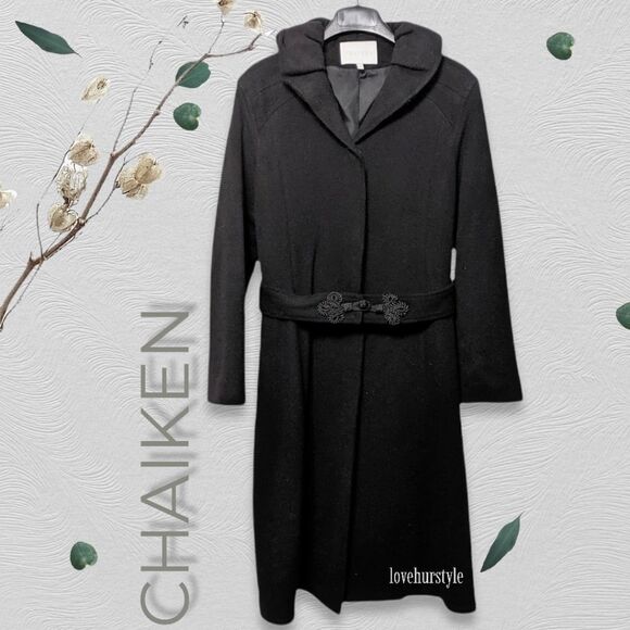 CHAIKEN Fluted Black 100% Wool Coat 6 - Picture 1 of 7